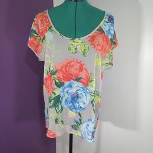 Route 66 Vintage 90s Cottagecore Floral Sheer Short Sleeve Top Large Beachwear